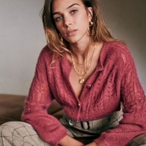 Sezane Tonio Mohair Wool Crew Cardigan Pink